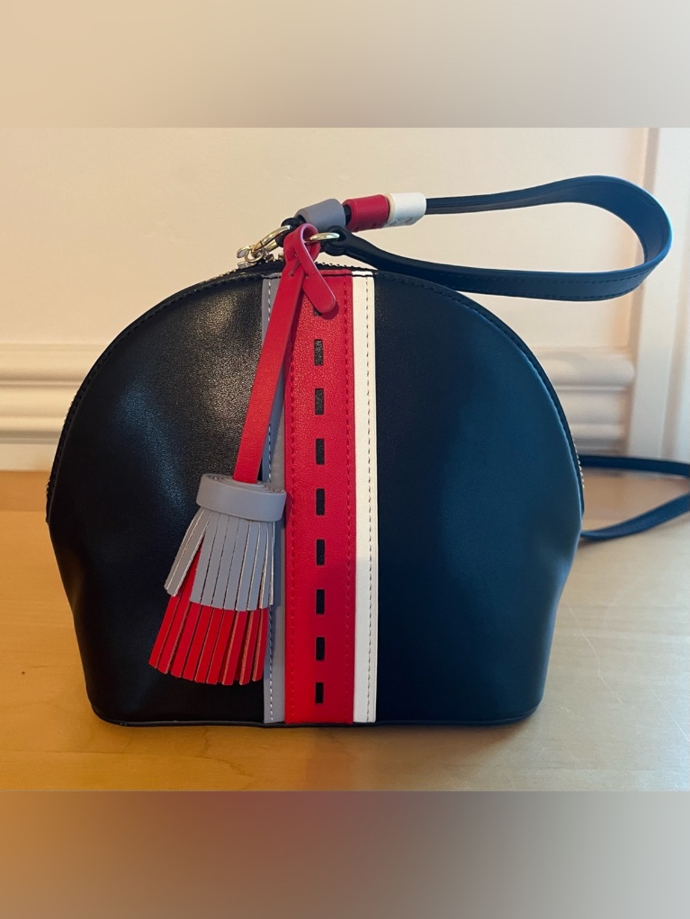 Baffelli Black Crossbody Bag with Red and White Stripe and Tassel